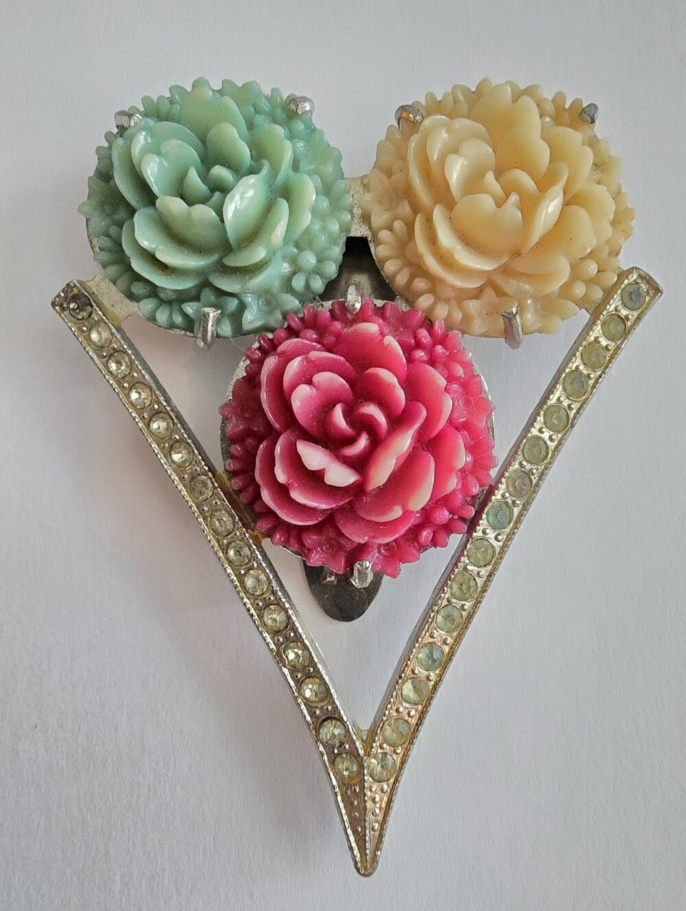 Vintage D Greenbaum fur clip celluloid flowers floral dress V rhinestone